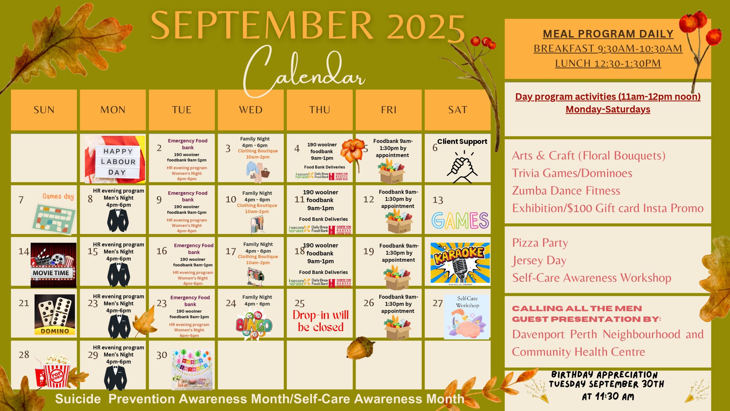 Adult Drop-In Calendar Septebmer 2025