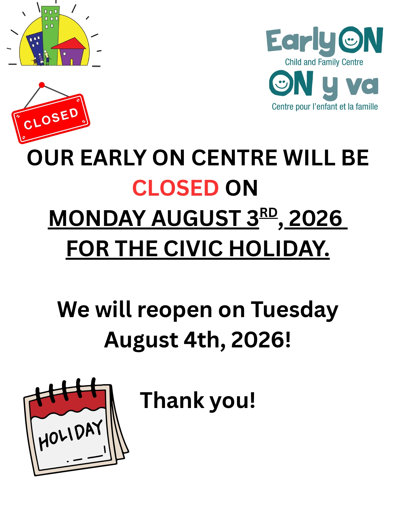 EarlyON Civic Holiday Closure