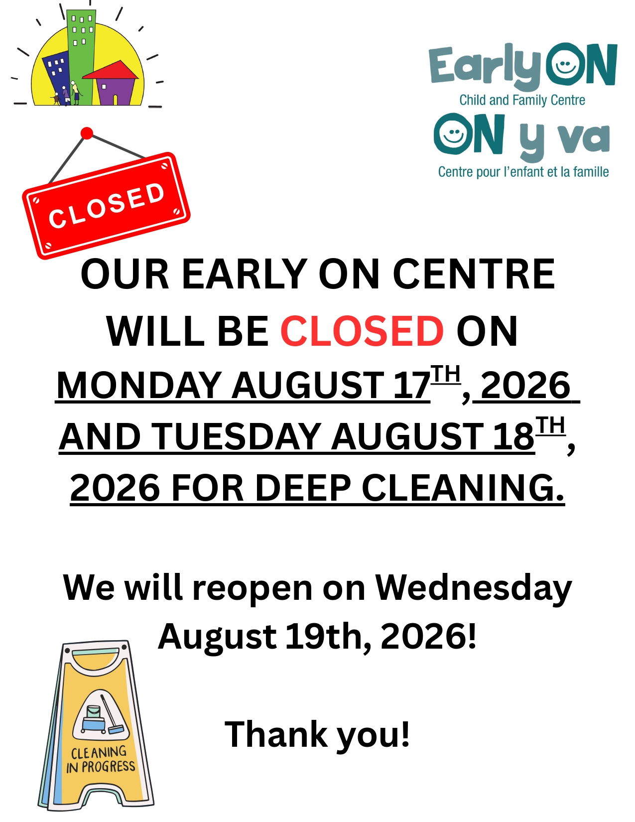 EarlyON Deep Cleaning Closure August 17-18