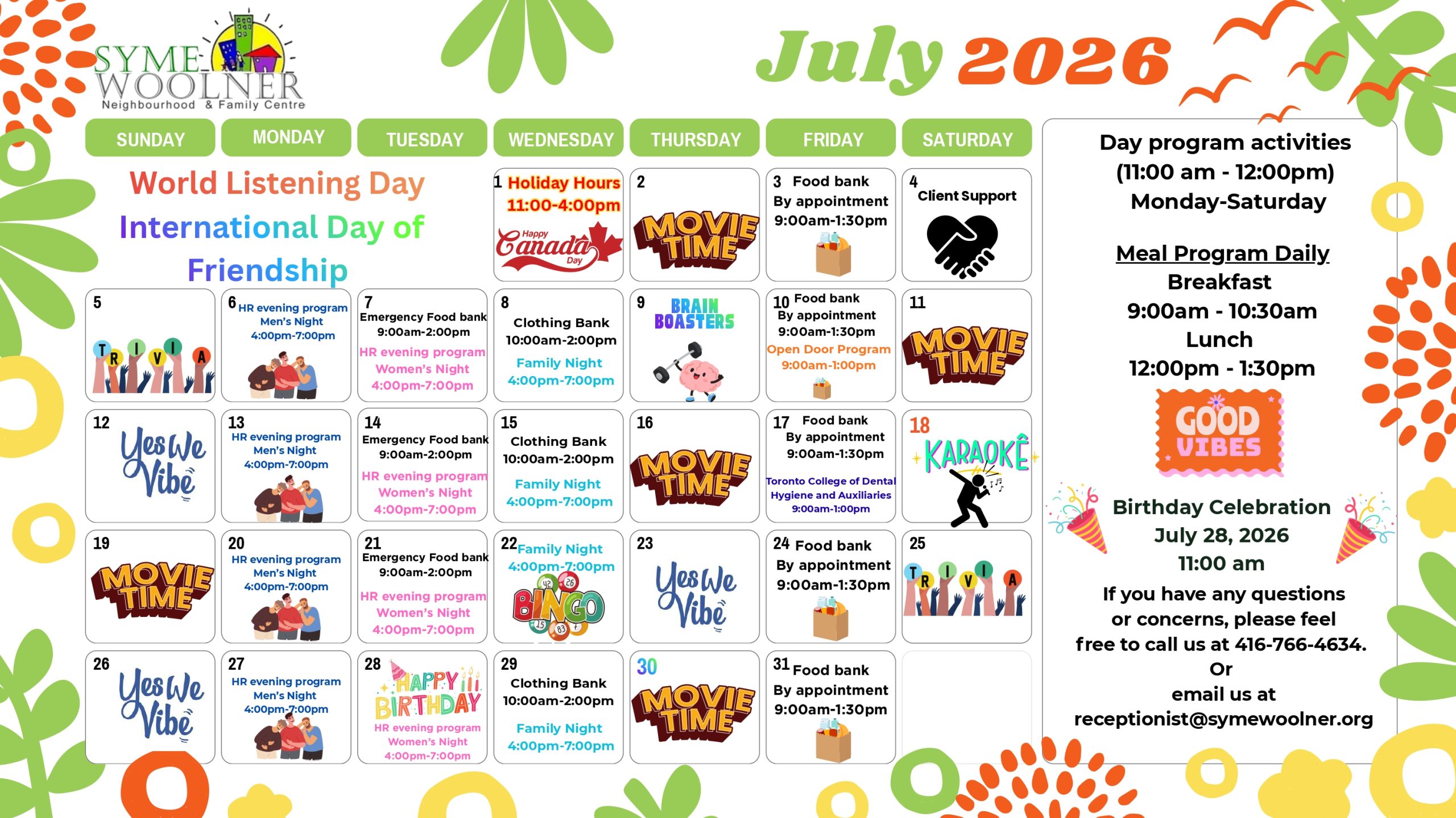 Adult Drop-In Calendar July 2026